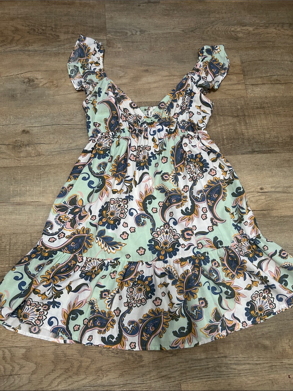 Roxy Mint Paisley Floral Ruffle-Shoulder Dress